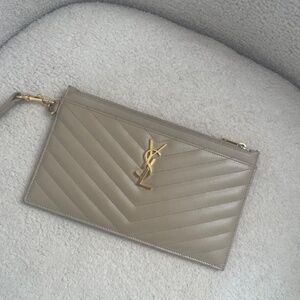 SAINT LAURENT Monogramme quilted textured-leather pouch - Dark Beige